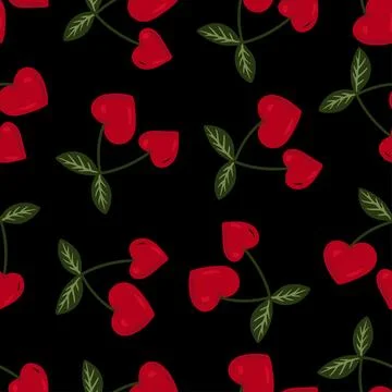 Cute kids pattern design featuring red cherry hearts and green leaves on black Stock Illustration