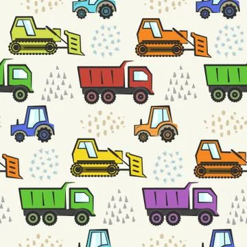 Cute kids pattern with flat color dozer, tractor Stock Illustration