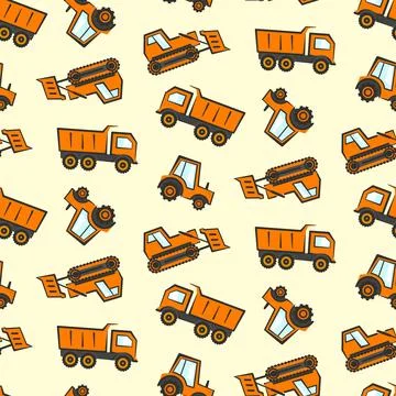 Cute kids pattern with flat orange dozer, tractor Stock Illustration