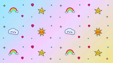 Cute kids pattern with smiling sun clouds stars and rainbow seamless loop Video stock 346645129