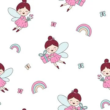 Cute Kids Pattern With Tooth Fairies Flowers Gifts And Rainbows Illustrazione stock