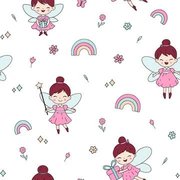 Cute Kids Pattern With Tooth Fairies Flowers Gifts And Rainbows Illustrazione stock