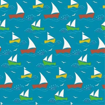 Cute kids pattern with waves and ships Illustrazione stock