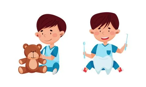 Cute kids playing doctors set. Boys curing their toys with medical tools cartoon Illustrazione stock