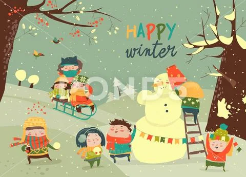 Cute kids playing winter games Stock Illustration