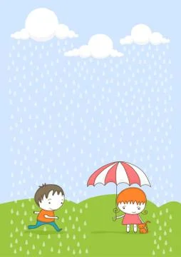 Cute kids in the rain Stock Illustration