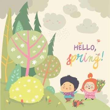 Cute kids running in spring forest. Hello spring. Stock Illustration