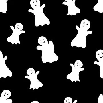 Cute kids seamless ghosts vector pattern. White smiling ghosts on black backg Stockillustratie