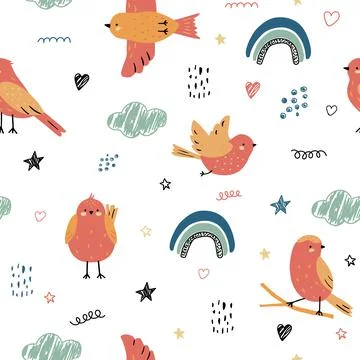 Cute kids seamless pattern with birds. Colored childish simple doodles of Stock Illustration