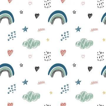 Cute kids seamless pattern with childish simple doodles of rainbow clouds Stock Illustration