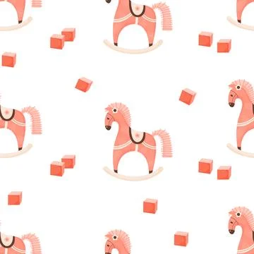 Cute Kids seamless pattern. Children toys rocking horse on white background.. Illustrazione stock