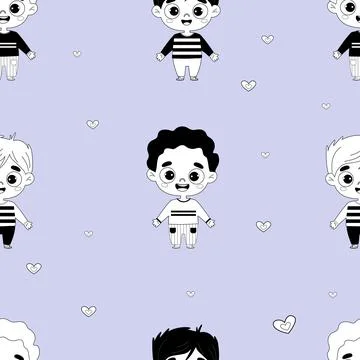 Cute kids seamless pattern. Funny happy boys on purple background. Vector i.. Stock Illustration