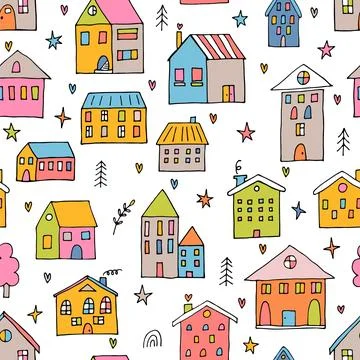 Cute kids seamless pattern with hand drawn houses. Buildings. Doodle style... Stock Illustration