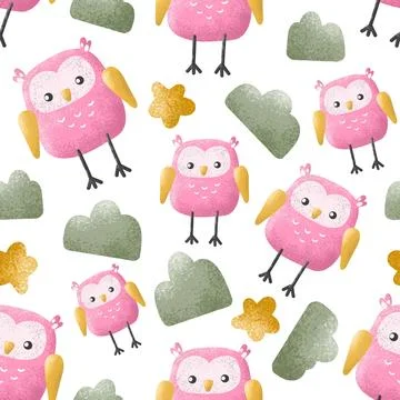 Cute kids seamless pattern with pink cartoon owls, vector childish background Stock Illustration