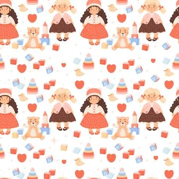 Cute kids seamless pattern. Pretty girl doll with children toys, plush tedd.. Illustrazione stock