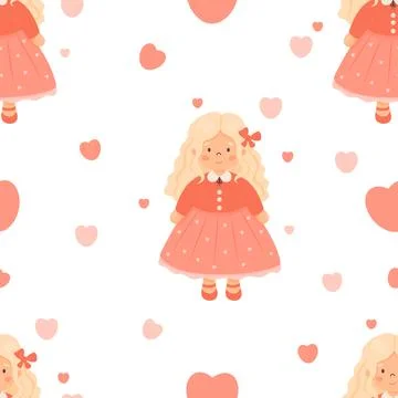 Cute kids seamless pattern. Pretty blonde girl with long curly hair in red .. Stock Illustration