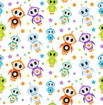 Cute kids seamless pattern robot rocket. Children endless background, texture Stock Illustration