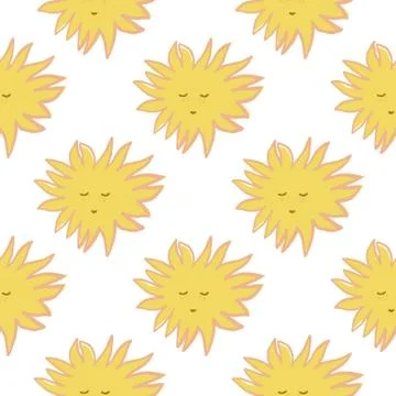 Cute kids seamless pattern with white sun faces ornament. White background. Illustrazione stock