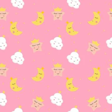 Cute Kids Semaless Pattern Background with Cloud, Star and Moon in Princess C Illustrazione stock