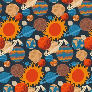 Cute Kids Space Vector Seamless Pattern on dark background. Many planets, comet イラスト素材