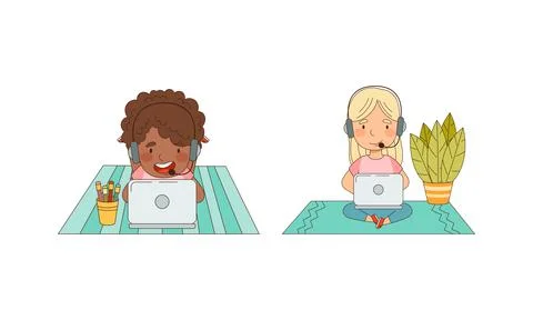 Cute kids studying at home using laptop computers set. Online education and e Ilustración de archivo