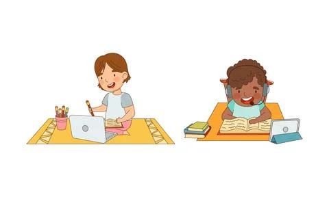 Cute kids studying at home using laptop computers and headphones set. Online Ilustración de archivo