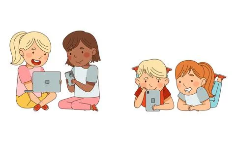 Cute kids using gadgets set. Boy and girl playing smartphone and laptop computer Stock Illustration