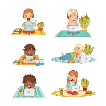 Cute kids using laptops for online education. Online learning, distance Illustrazione stock