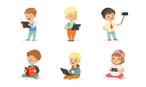 Cute Kids Using Modern Gadgets and Reading Books Set, Little Boys and Girls 스톡 일러스트
