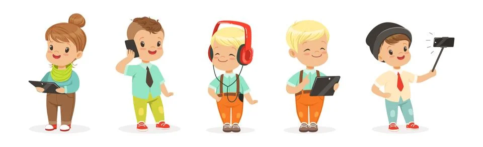 Cute Kids Using Modern Mobile Gadgets Vector Set イラスト素材