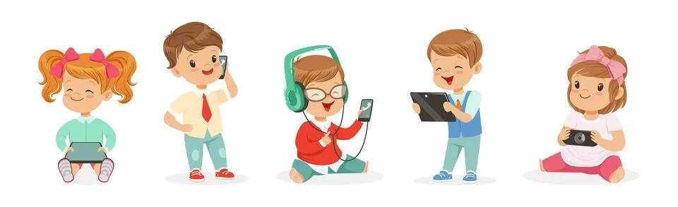 Cute Kids Using Modern Mobile Gadgets Vector Set イラスト素材