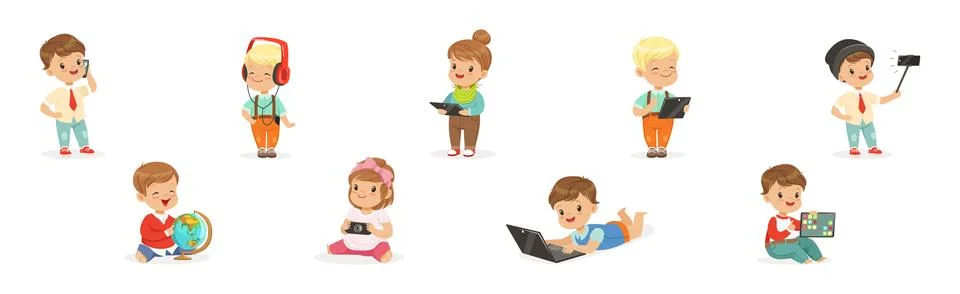 Cute Kids Using Modern Mobile Gadgets Vector Set イラスト素材