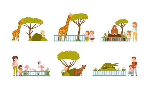 Cute kids visiting zoo set. Little children with their parents looking at Stock Illustration