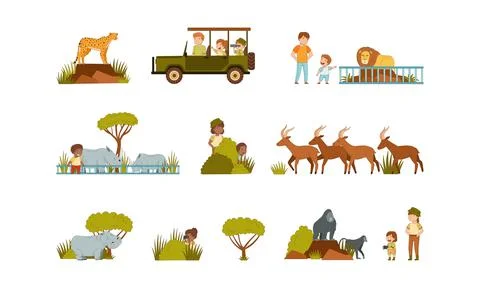 Cute kids visiting zoo set. Little children with their parents looking at Stock Illustration
