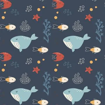 Cute kids whale seamless pattern in doodle scandinavian style. Stock Illustration
