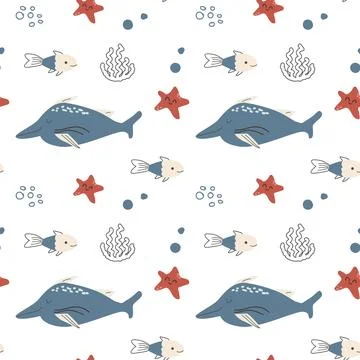 Cute kids whale seamless pattern in doodle scandinavian style. Stock Illustration