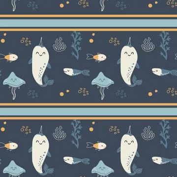 Cute kids whale seamless pattern in doodle scandinavian style. Stock Illustration
