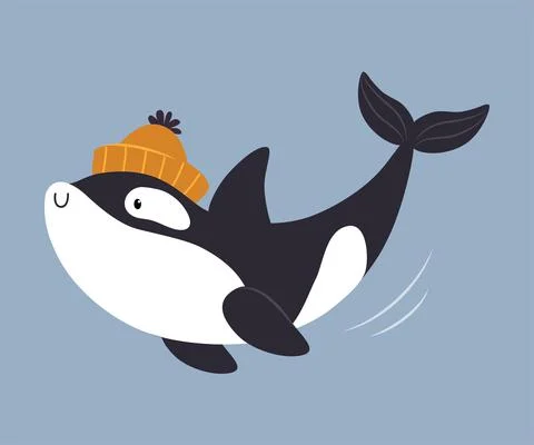 Cute Killer Whale or Orca as Arctic Animal Swimming in Knitted Hat Vector Illustrazione stock