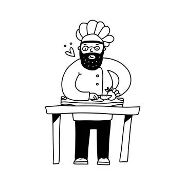 A cute kind chef in a cap cutting vegetables on a cutting board. Cook male Stock Illustration