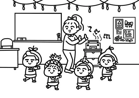 Cute Kindergarten Students Dancing in Fruit Costumes with Teacher in Classroom Illustrazione stock