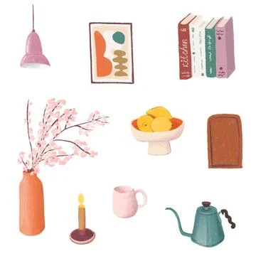 Cute kitchen set with tableware and decor Stock Illustration