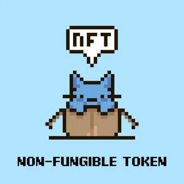 Cute kitten and speech-bubble with text NFT and non-fungible token in it Illustrazione stock