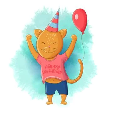 Cute kitten in a cap and a balloon. Stock Illustration