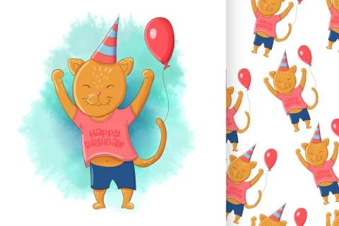 Cute kitten in a cap and a balloon and seamless pattern Stock Illustration