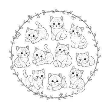 Cute Kitten Embroidery Pattern, Round Hoop Hand Embroidery Design イラスト素材