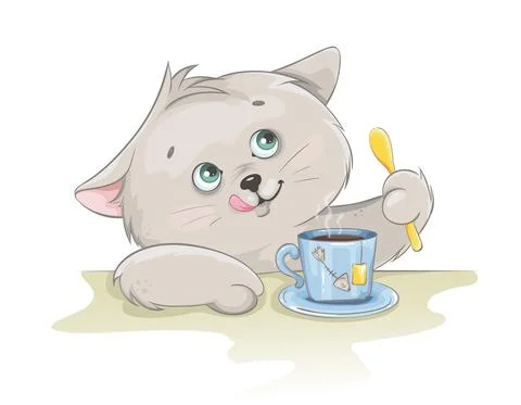 Cute kitten having a cup of tea. Funny kitten Stock Illustration