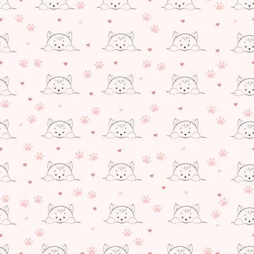 Cute kitten in line art style seamless pattern, Kitten face and front paws Stock Illustration