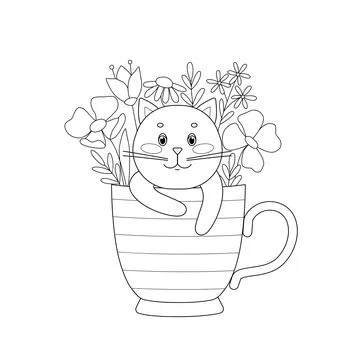 Cute kitten in mug and surrounded by flowers. Spring summer coloring book with Stock Illustration