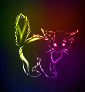 A cute kitten in a neon light. Vector illustration. 스톡 일러스트