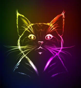 A cute kitten in a neon light. Vector illustration. 스톡 일러스트